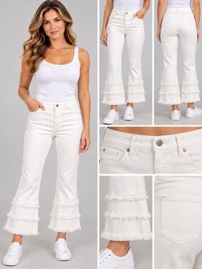 Liverpool Boho Tiered Fringe Crop Flare White Jeans 12/31